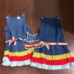 Bitty Baby 2 Denim Ruffle Dresses with Rainbow Belts and doll dress